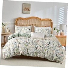 Flower Botanical Duvet Cover Set Queen 90" x 90" F White Sage Green