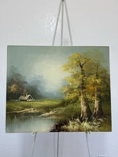 Signed Landscape Oil Painting on Canvas – Autumn Forest & Cabin – 24”x20”