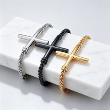 Stainless Steel Mens Franco Chain Bracelet Titanium Classic Cross Wristband 8.3'