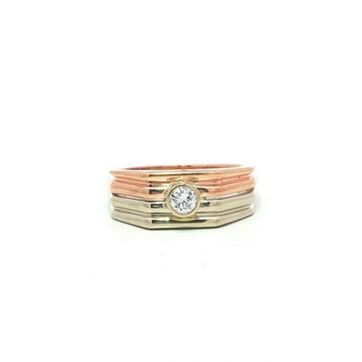14K Gold Lünette Diamant Solitär gerillt geometrisch Stapeloptik Bandring