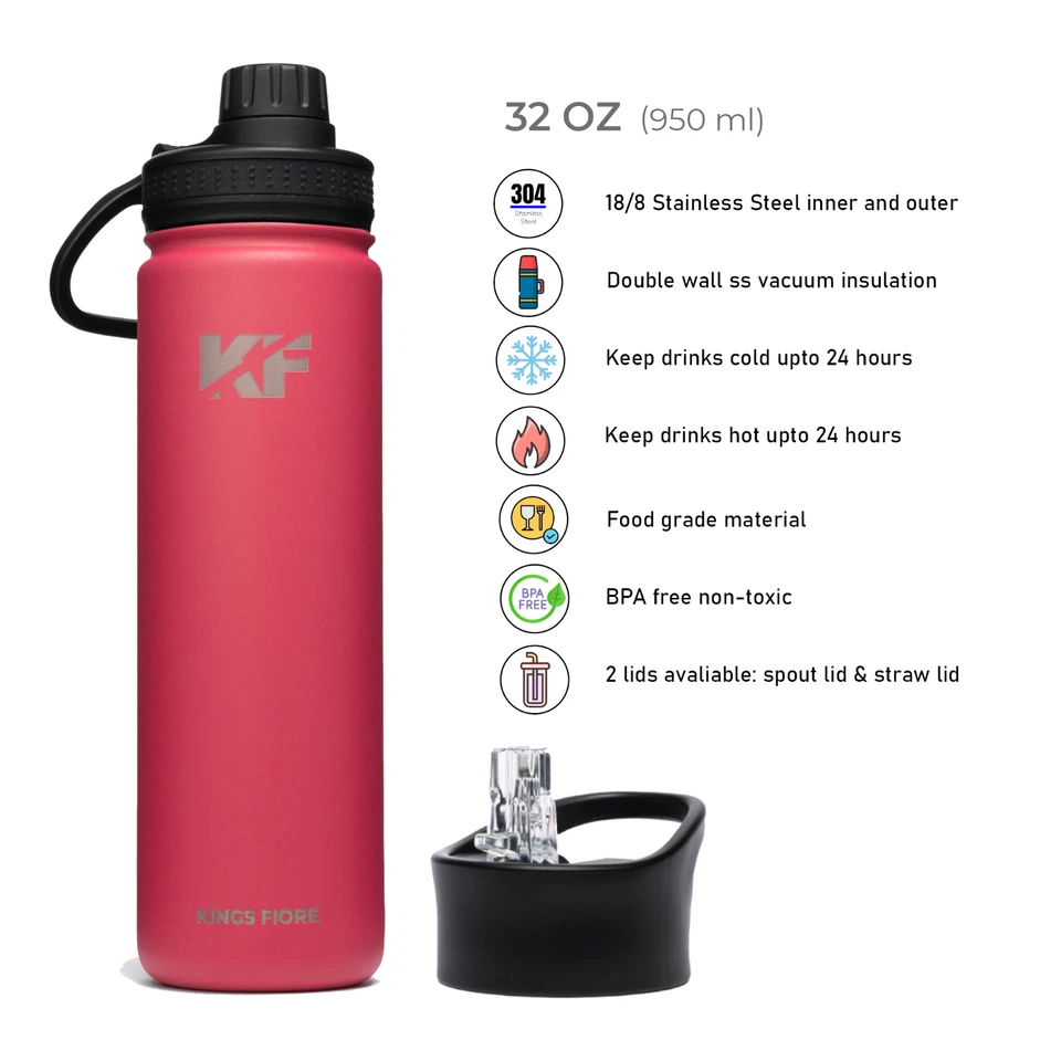 Kings Fiore Water Bottle straw and spout lid Stainless Steel keep drinks hotcold - Image 4 of 4