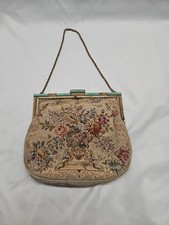 Vintage Micro Petit Point Floral Needlepoint Tapestry Bag Purse w/Mirror 
