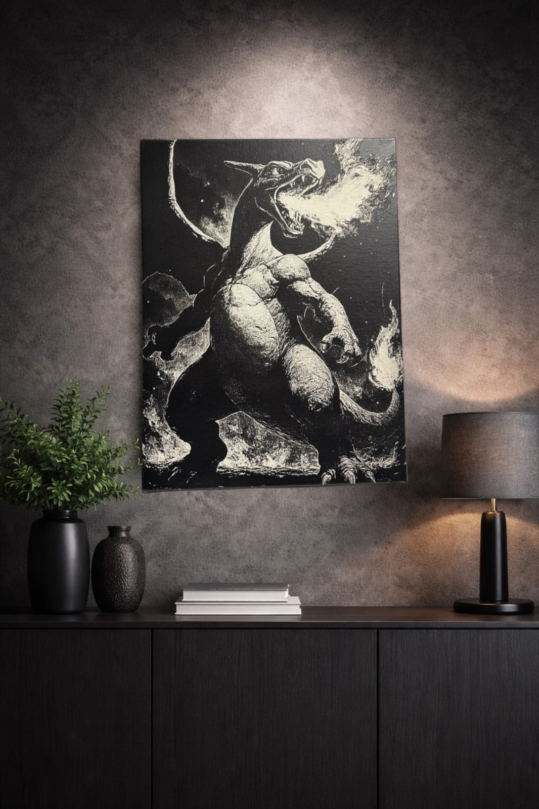 Toile Murale Dracaufeu Pokémon Noir et Blanc 30x40 pour Gaming Room
