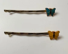 Vintage Retro Bobby Pin Set Light Blue and Yellow Butterfly Pins