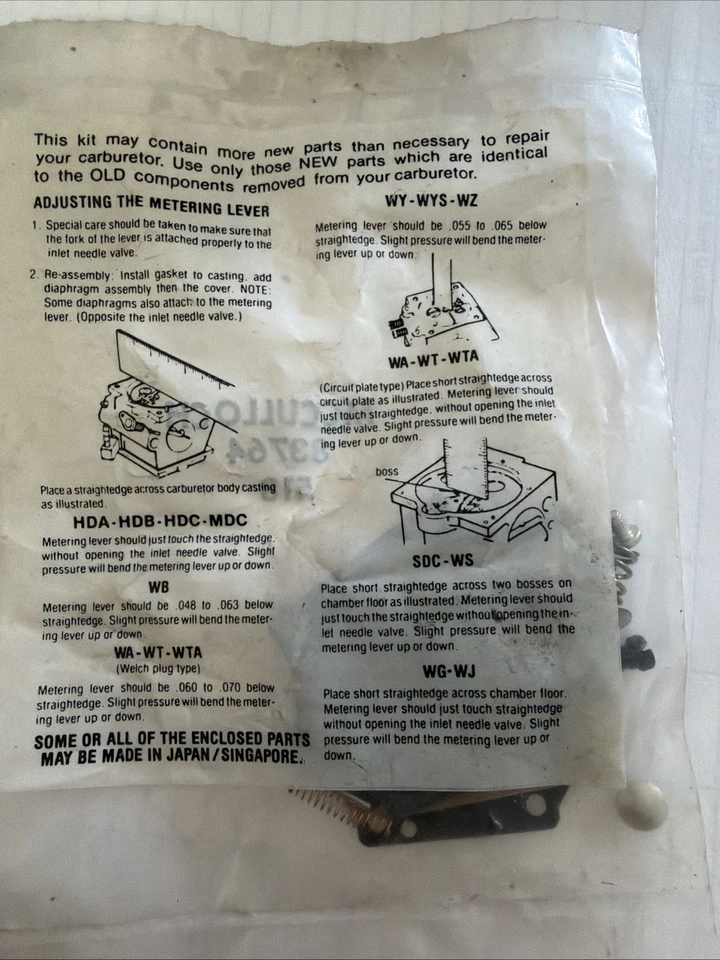 Kit de reparación de carburador McCulloch parte # 83764 nuevo de stock se adapta a carburadores Walbro Foto 2 de 3