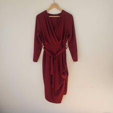 Boohoo burgundy plus size faux wrap dress tie waist, Size 18
