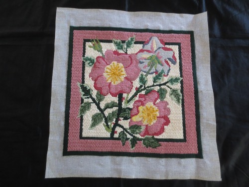 COMPLETED Rose, Green, White FLORAL NEEDLEPOINT - 13-1/4 x 13-1/4" Design