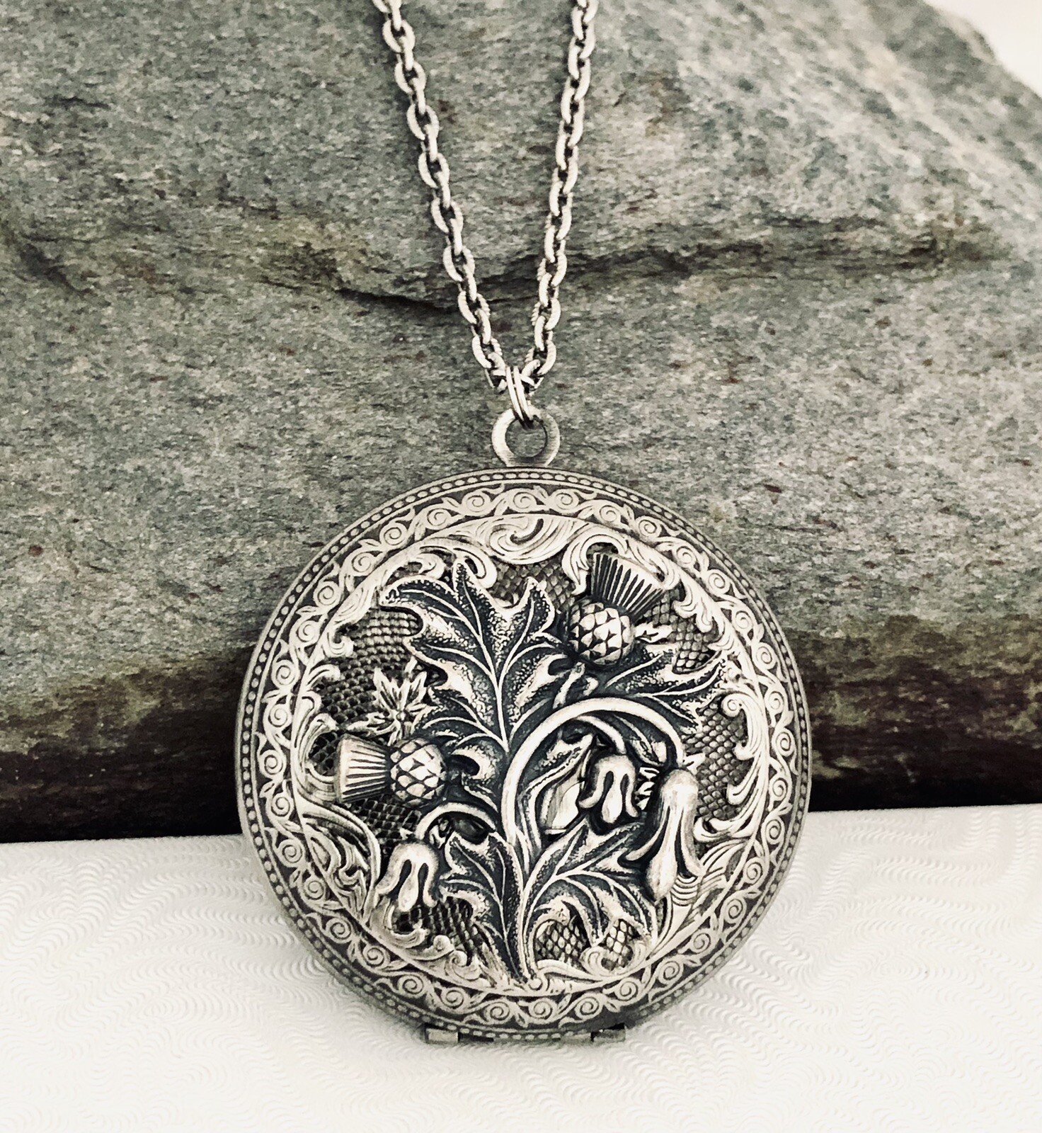 Scottish Thistle Locket Necklace, Antique Silver, Scotland, Victorian