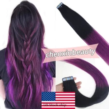 Seamless Skin Weft Tape in Remy Human Hair Extensions OmbreColor Black to Purple