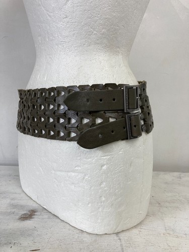 DKNY Vintage Leather Waist Hip Belt Khaki Green Double Buckle 32IN 90s Y2K - Picture 2 of 7