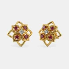Women's Stud Earring Lab-Created Ruby 14k Yellow Gold Plated 2Ct Round Cut