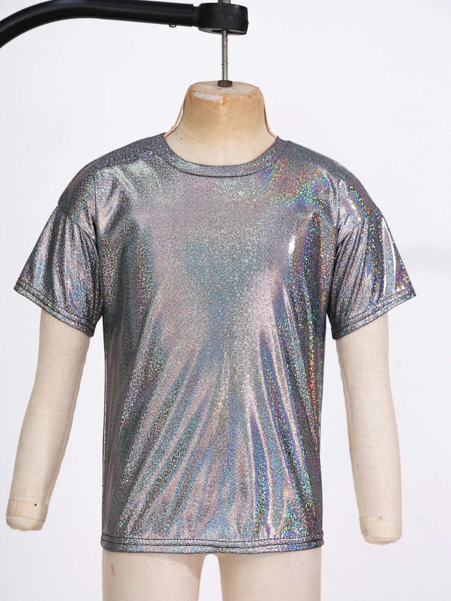 Kids Boys Girls T-shirt Sparkly Jazz Dance Tops Athletic Metallic Shiny Blouses - Foto 5