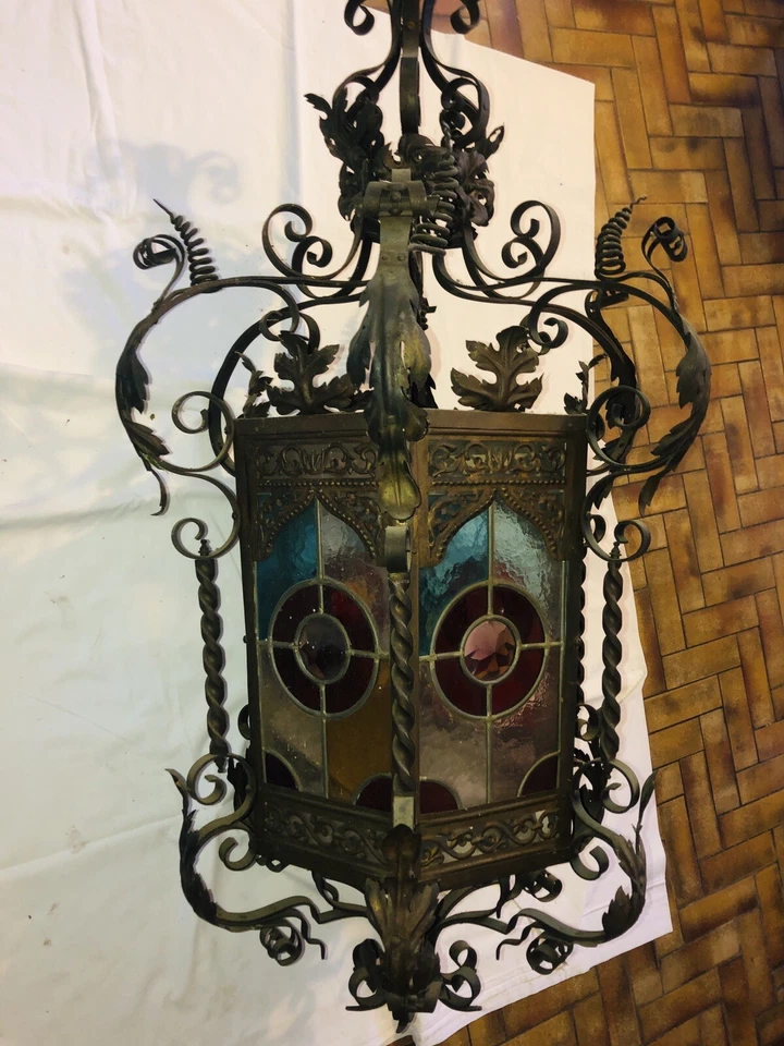 large neo gothic castle lantern Grande Lanterne Gothique 19e Vitrail NO DELIVERY - Photo 4/4
