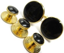 Cufflink Set Matching Black Shirt Buttons Gold Tone Formal Wedding Tux Vintage