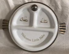 Vintage Eureka Child Baby Food Warmer Plate Metal Enamel  Welcome Little Babe  
