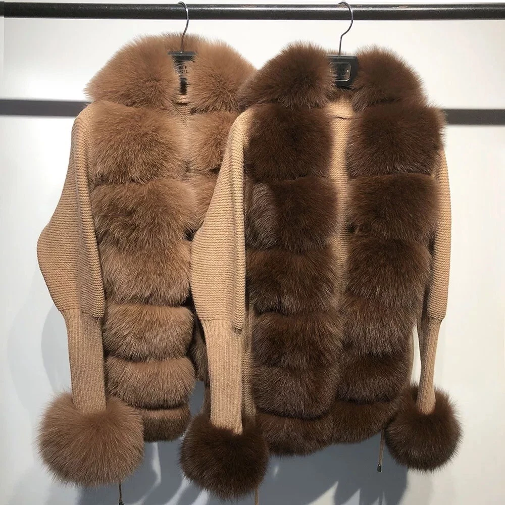 Real Fox Fur Knit Brown Beige Sweater Natural Fur Warm Cardigan Jacket
