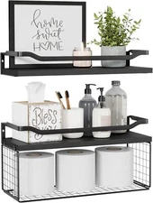 Floating Shelves with Wire Storage Basket, Bathroom Shelves over Toilet with Pro