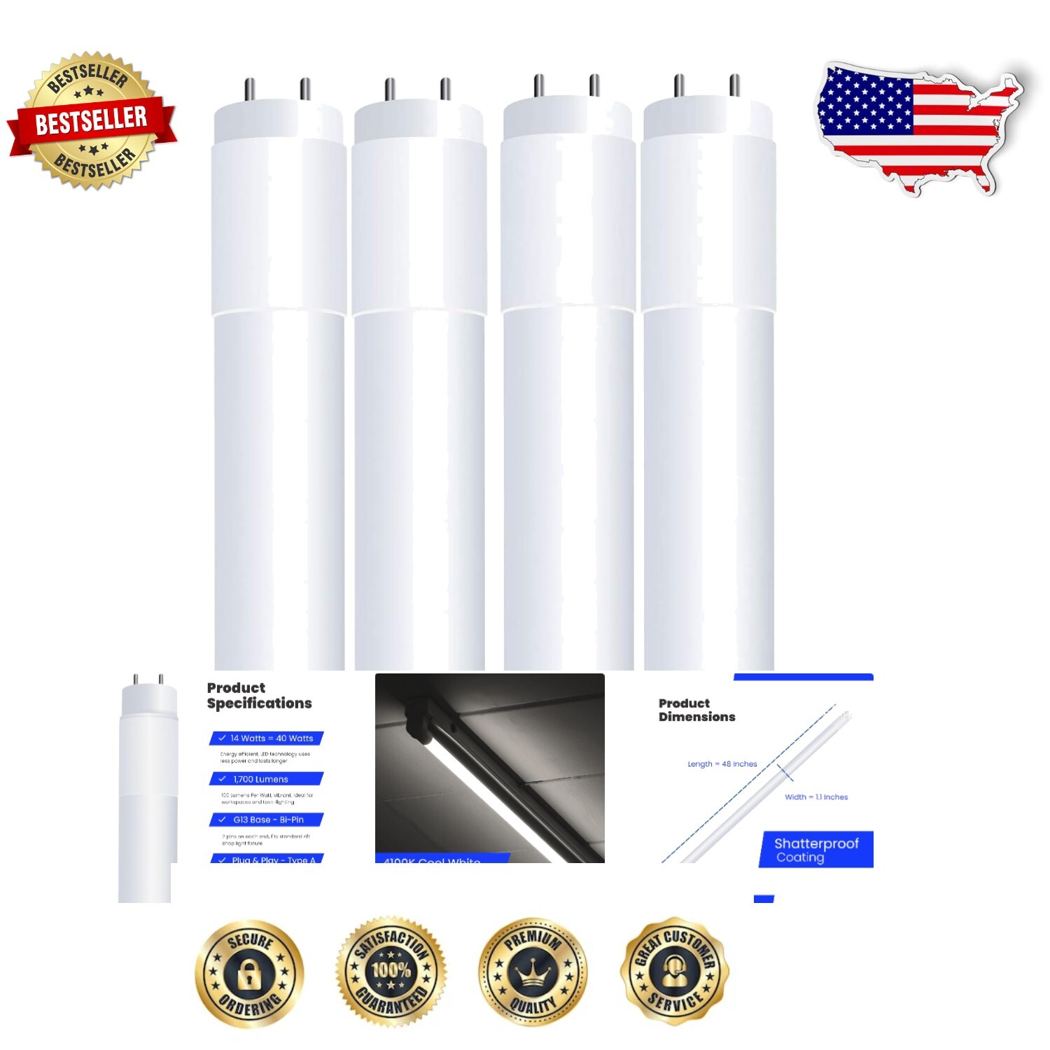 4-Pack T8 LED Tubes, 14 Watts, 4100K Cool White - Energy Saving, Mercury-Free