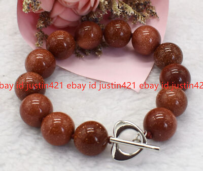 Genuine 14mm Goldstone Sandstone Round Beads Gemstone Bracelet 7.5'' AAA+