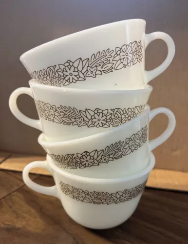 Lot Of 4 Vintage Pyrex Woodland Brown Milk Glass Coffee Tea Cups Mugs