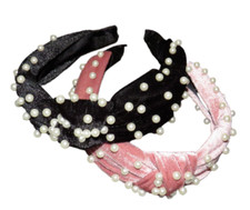 Set Of 2 Velvet Faux Pearl Headbands Black And Dusty Rose