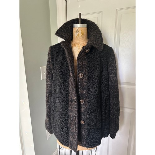 Vintage Persian lamb cable knit sleeves wool jacket coat vest black woman SZ L - Picture 2 of 24