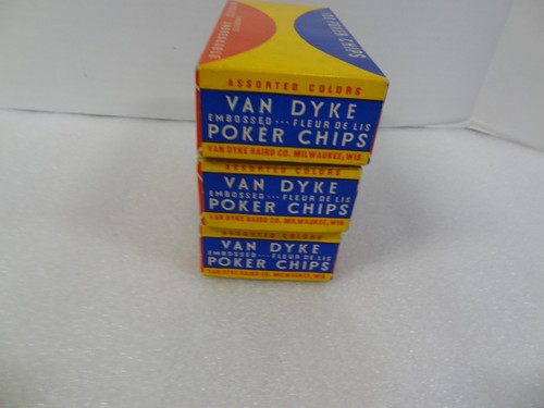 Vintage 300 Red White Blue Van Dyke Embossed Paper Fleur De Lis Poker Chips 1.5" - Picture 11 of 13