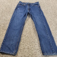 Levis 505 Jeans Mens 32x27.5 Tag 34x29 Regular Straight Denim Dark Wash Marks*