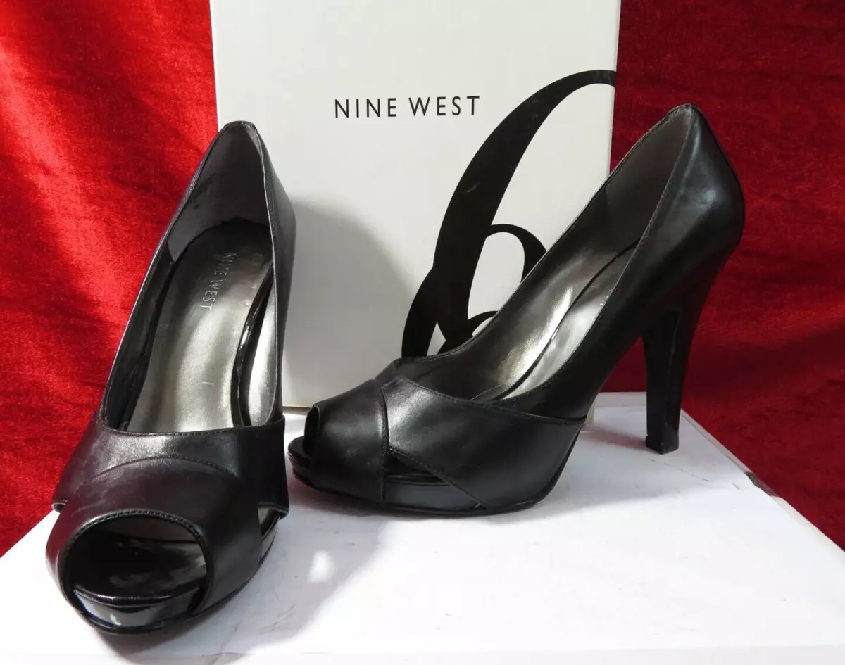 NINE WEST black leather peep toe high heel shoes UK 5 US 7W
