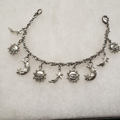vtg mod silver tone chunk chain mix star moon sun charm bracelet