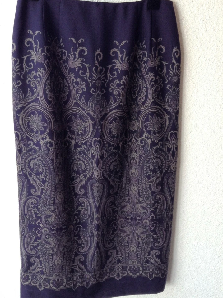 FALDA LÁPIZ TALBOTS, LANA, PAISLEY MORADO, TALLA 10, NUEVA