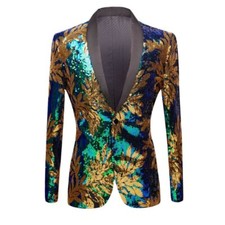 Men Shiny Sequin Blazer One Button Suit Jacket Dinner Prom Party Regular Fit