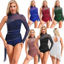 Women's Lyrical Ballet Shiny Rhinestone Skirted Leotard Skating Dress Dancewear