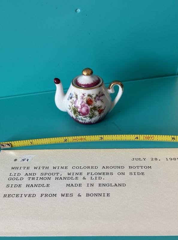 Vintage Miniature Teapot White Burgundy Trim Estate Collection #50