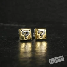 Sterling Silver Brass Super Mario Question Mark Block Small Square Stud Earrings