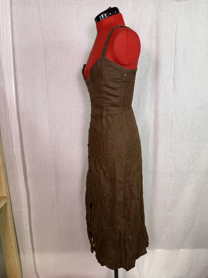 Maxi Vestido Faithfull the Brand La Piedra Talla 2 Lino Marrón Botones Correas E436 Foto 4 de 4