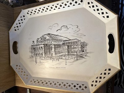 VTG Metal  Serving Tray E.T. Nash Co 20'' Hand Painted Vienna Opera House lattice