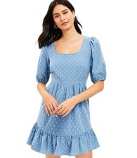 LOFT Dress Womens 14 Blue Clip Tie Back Swing Polka Dot Puff Sleeve Ruffle Hem