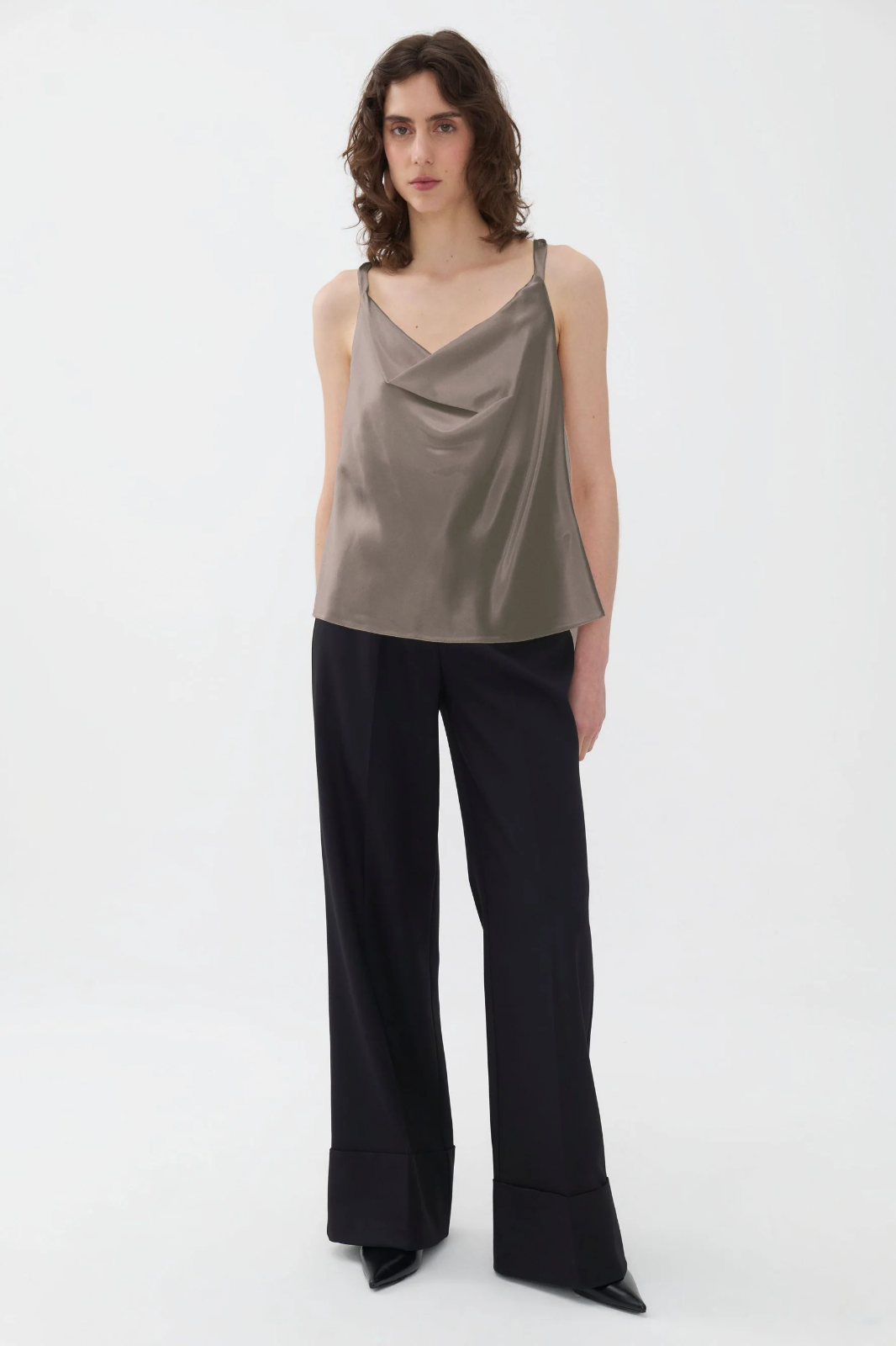 Nocturne Plunging Neck Blouse Mink Satin top Sz XL women’s NWT$149 Halter back