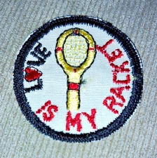 VINTAGE 70s FABRIC APPLIQUE PATCH LOVE IS MY RACKET TENNIS ORIG UNUSED 1 7/8"