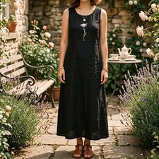 VTG 90s Midi Dress Size Small Black Linen Blend Sleeveless Daisy Embroidered