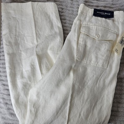 New Austin Reed Pants 100% Linen Womens Large Ivory Wide Leg Coastal Beach