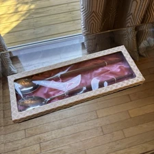 Mid Century Modern Wooden Stainless Steel Serving Fork & Spoon Original Box Vtg