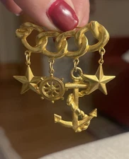 Vintage Gold Tone Suspended Nautical Boat Navy Anchor Helm Charms Brooch Pin