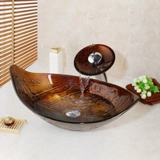 US Leaf Shape Bathroom Vessel Sink Set Waterfall Spout Tempered Glass Mixer Tap
