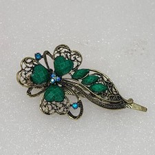 Hair Barrette Clip w/Green Hearts  Blue Rhinestones