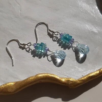 boucles d'oreilles dormeuse argent 925 pierre précieuse topaze apatite tanzanite - Photo 1/4