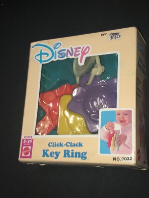 VTG Disney Baby Click Clack Key Ring Teether Toy Mickey Minnie Donald MIB B