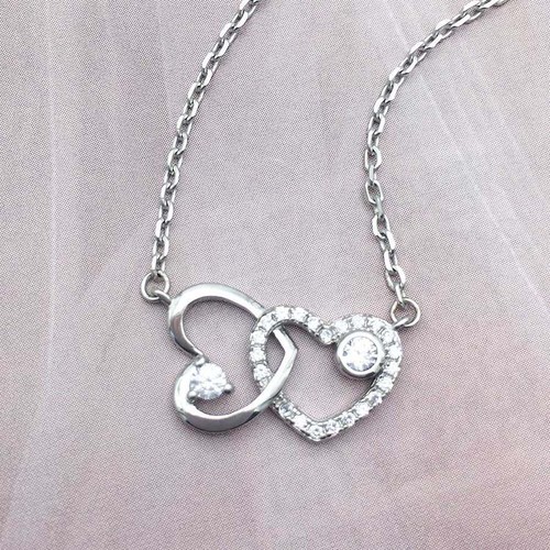 .925 Sterling Silver CZ Double Love Heart Necklace 18" with Gift Box - Picture 2 of 6