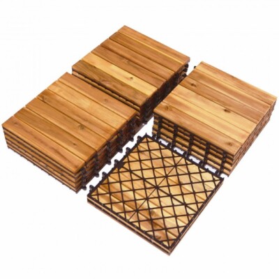 Costway 27PCS 12'' x 12'' Acacia Wood Deck Tiles Interlocking Patio Stripe Pattern